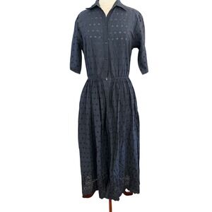 Vintage Bonnie Strauss Eyelet Dress 8  Navy Midi Cotton Boho Cowgirl Tradwife‎